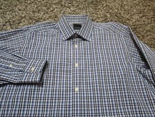 David Donahue Dress Shirt Mens 17 32/33 Blue Plaid Long Sleeve Button Up Cotton