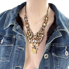 Vintage Artisan Beaded Necklace w/ Silver Heishi Puka Shell Beads Tiger Eye MOP