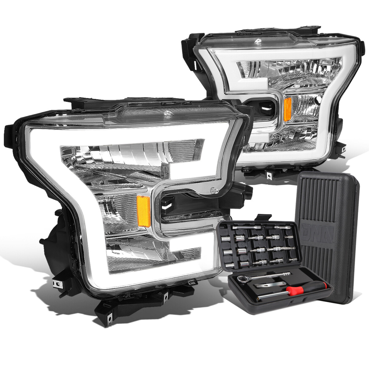 For 2015-2017 F-150 LED DRL Tube Chrome Housing Amber Siganl Headlight+Tool Box