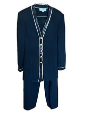 St. John Evening Pant Suit Jacket Size 8 10 Santana Knit Black Gold Embellished
