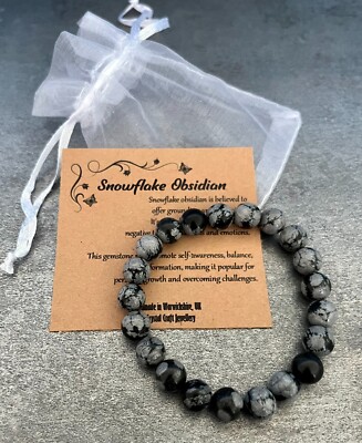 SCHNEEFLOCKE OBSIDIAN Armband dehnbar Handarbeit Geschenktüte Karte Kristall Edelstein 8mm