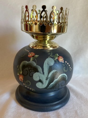 Original NORWEGIAN ROSEMALING CANDLE HOLDER Glass Shade Blue With Pink & Green - Picture 3 of 4