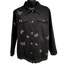 Whimsi Goth Vintage Y2K Butterflies Rhinestone Black Jean Denim Jacket Women  s M
