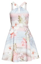 TED BAKER Blue Pink Floral Print Halter Fit Flare Skater Mini Dress 4TB = 10 US