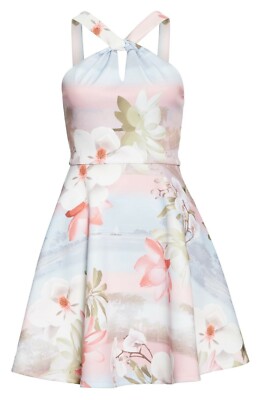 TED BAKER Blue Pink Floral Print Halter Fit Flare Skater Mini Dress 4TB =  10 US | eBay