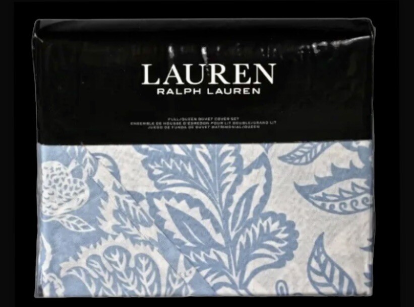 3 PC Ralph Lauren Joanna Blue White Cotton Floral QUEEN Duvet & 2 Sham