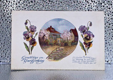 1920s Birthday Greeting Postcard Pansies and Cottages Made in USA