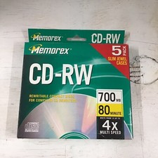 NEW Memorex CD-RW Rewritable 5 Pack 4x 700MB 80 Minutes with Slim Jewel Cases.
