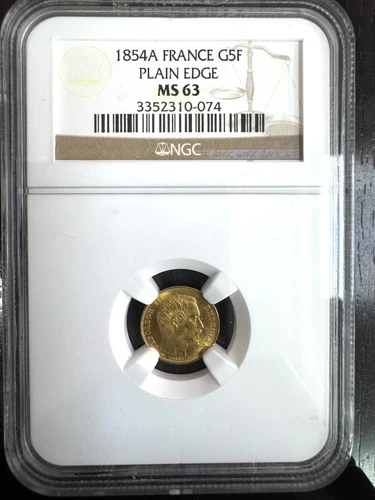 Napoleon III - 5 Francs Gold Petit Module 1854 Paris - Edge Smooth - NGC Ms 63