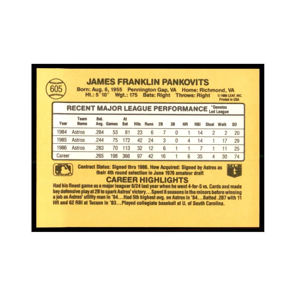 1987 Donruss Jim Pankovits Baseball Cards #605 - Image 2 of 3