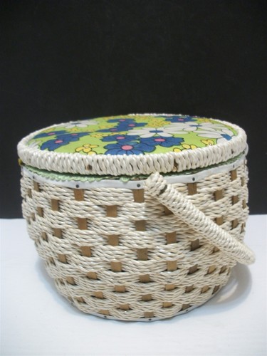 MCM Flower Power Wicker Sewing Basket Lined w Tray Japan - Picture 7 of 15