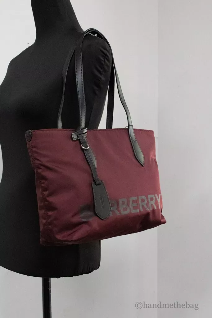 Burberry Small Burgundy Logo Branded ECONYL Nylon Tote Shoulder Handbag Purse