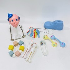 Vintage Mid Century Baby Nursery Toy Lot Rattles Keys Shoe Bank Teethers