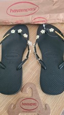 Havaianas Slim Black Metallic Daisy Flower Flipflops Size EU 37/38 UK 3/4