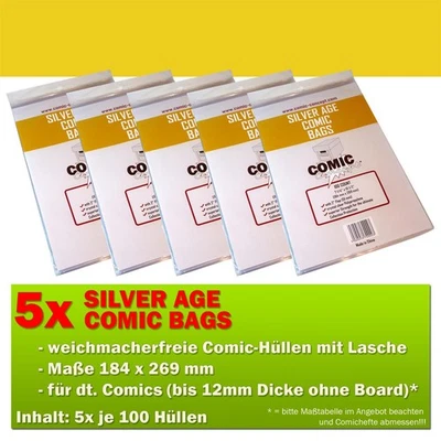 500x Comic Concept Silver Age Comic Bags Hüllen m. Lasche 184 x 269 mm
