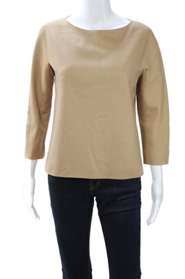 Max Mara Women Beige Cashmere Round Neck Basic Blouse 3/4 Sleeve Size 4