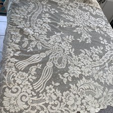 Vintage French Alencon Lace Tablecloth Adorned with Bow  Tassel Design 88x68