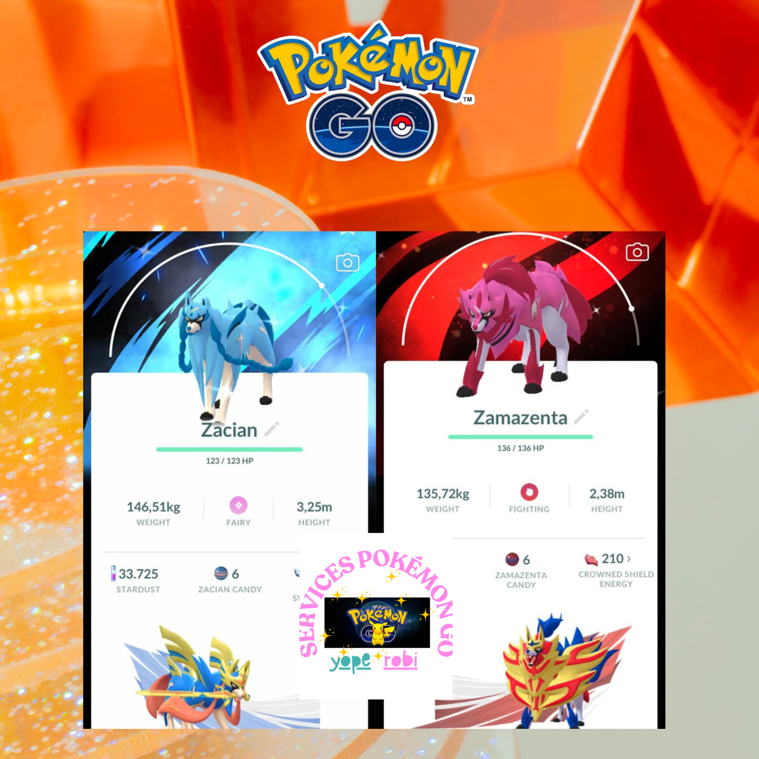 Pokemon Zamazenta Brillante / Zacian con Fondo Especial - Comercio 20k O PTC