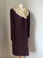 Vintage Ladies Brown Winter Coat with Cream Fur Collar M L 12 14 Long Midi
