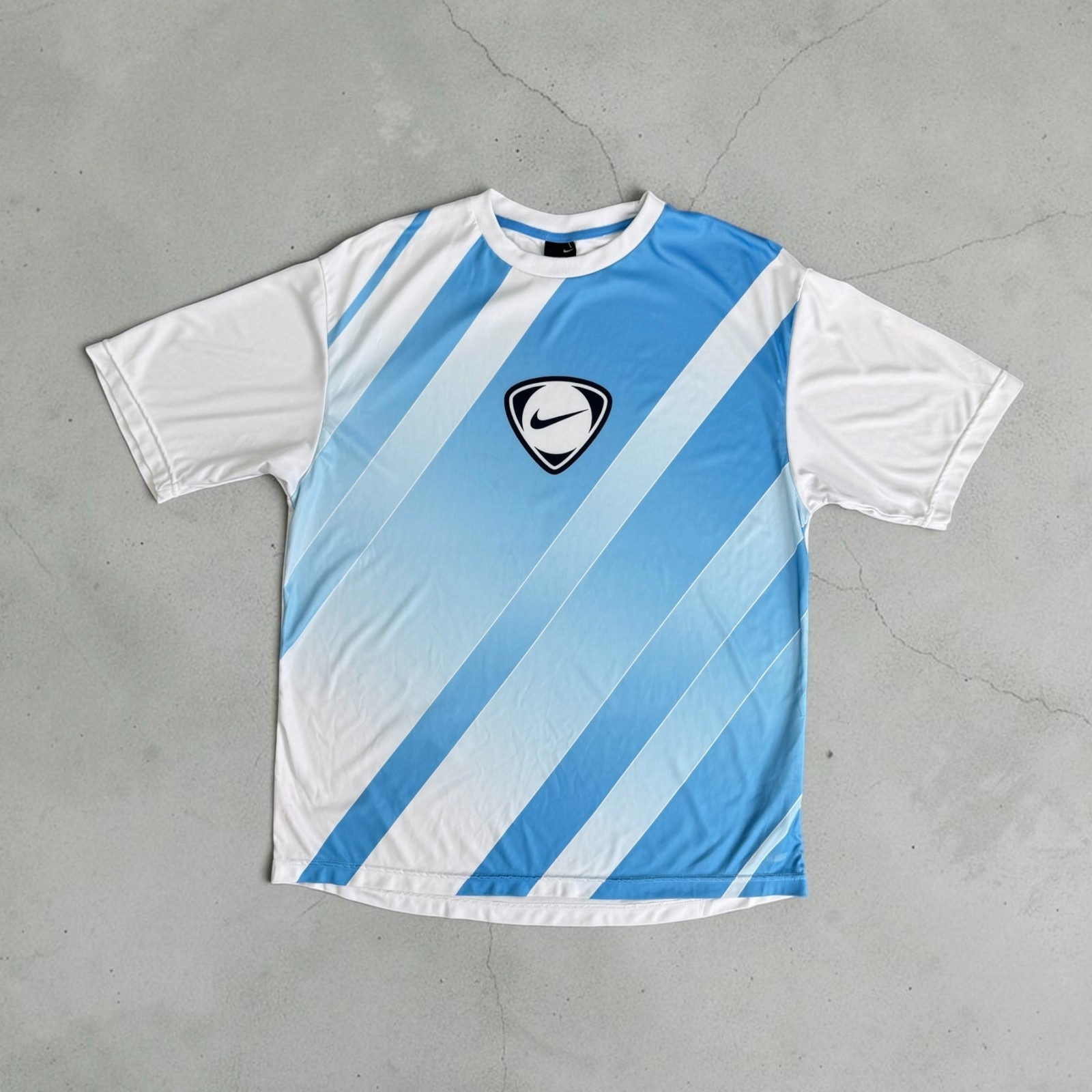 Vintage Nike Dri-FIT Soccer Jersey Men's L Blue White Center Swoosh Y2K