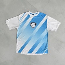 Vintage Nike Dri-FIT Soccer Jersey Men's L Blue White Center Swoosh Y2K