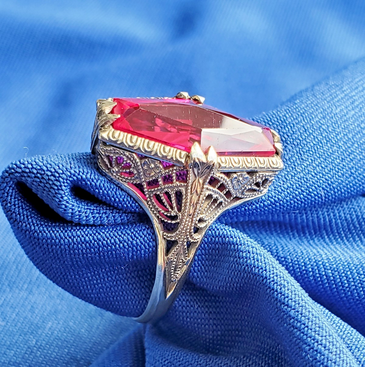 Vintage Deco Ruby Solid 14k White Gold Filigree S… - image 2