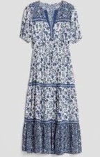 GAP Print Split-Neck Tiered Maxi Dress - Blue Floral, Size XS    MSRP $80