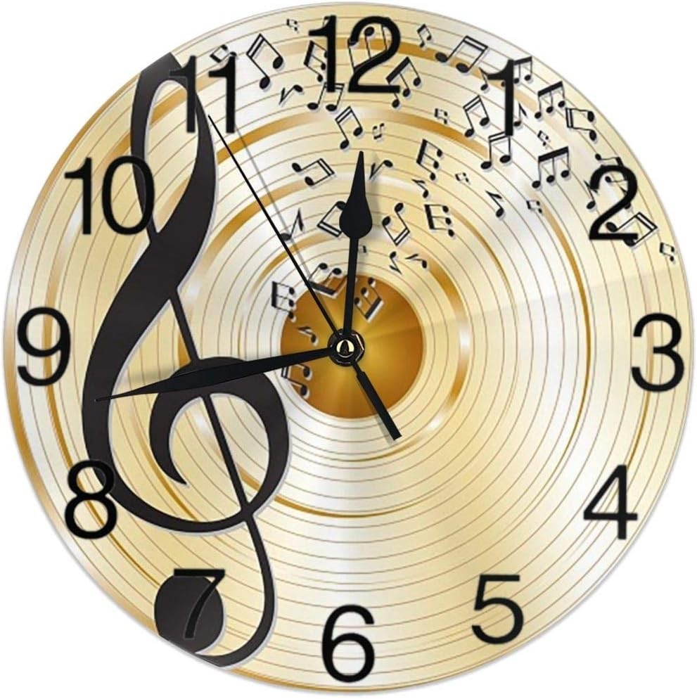 Music Notes and Treble Clef Round Wall Clock Silent Non Ticking Battery Opera