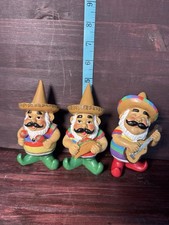 Mexican Folk Art Gnome Figurines Set of 3 Colorful Sombrero Maracas Guitar