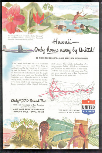 Original Vintage 1948 United Airlines Hawaii print ad