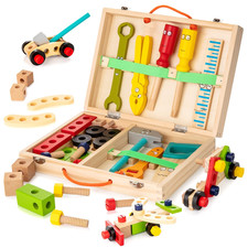 WOODMAM Wooden Kids Tool Set, 37Pcs Learning Medium, Green, Red, Yellow, Blue