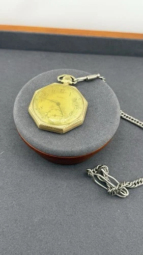 Vintage Bulova Octagon Pocket Watch Gold Tone Case w Chain Antique
