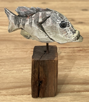 Fish Carved Wooden Primitive Folk Art Floating Stick Block 5.5 
