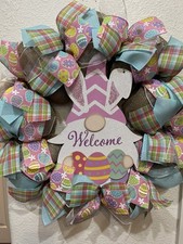 Farmhouse GNOME BUNNY     EASTER Burlap Deco Mesh WELCOME WREATH 22 x 22 AWESOME