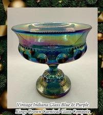 Vintage Indiana Glass Kings Crown Blue & Purple Carnival Glass Compote 5 1/4"