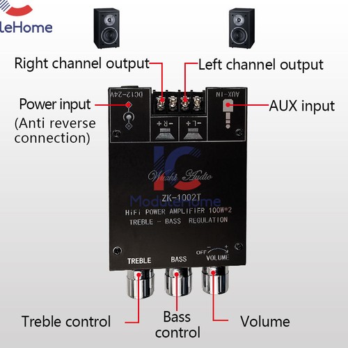 ZK-1002T Bluetooth 5.0 Stereo Amplifier Board Treble Bass 2 Channel 100W+100W - Picture 3 of 12