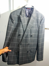 Men's Gray Windowpane Wool 2-Piece Suit 38R Double-Breasted Peak Lapel 30W