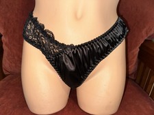 Vtg Style Glossy Black Satin  Lace Bikini Panties L NEW