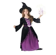 NEW Purple Witch Kids Halloween Costume Girls Medium 7-8 Black Purple Dress Hat