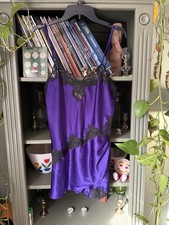 Vintage Y2K Victoria s Secret Purple Satin Slip Dress Black Lace Medium