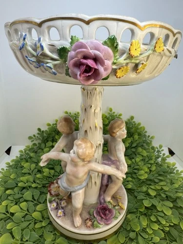 Antique German Von Schierholz Porcelain Pedestal Centerpiece Bowl Cherubs 10"