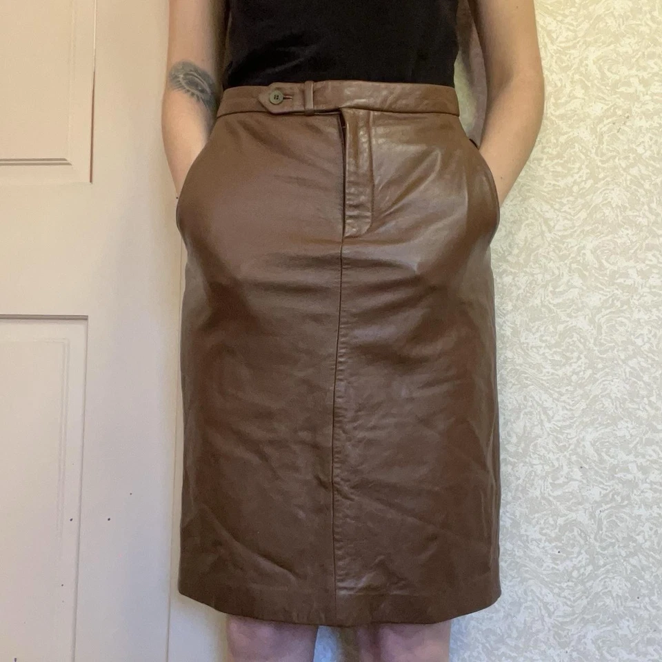 Brown Leather Pencil Midi Skirt By Hugo Buscati Size 2 Vintage 90s - Image 2 of 4
