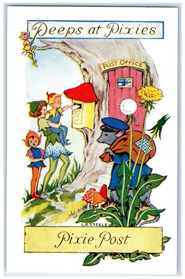c1940's Anthropomorphic Rat Peeps At Pixies Dropping Mail Vintage Postcard