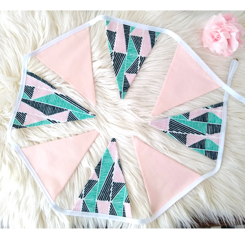 Pink Teal FLAG BUNTING Cotton - 2 Yards / 8 Flags Nursery Party Baby Photo Boho - Image 2 of 4