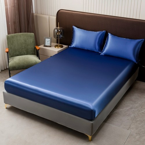 3pc Satin luxury Solid Color Bed Fitted Sheet and Pillowcase Upscale Adjustable - Picture 2 of 28