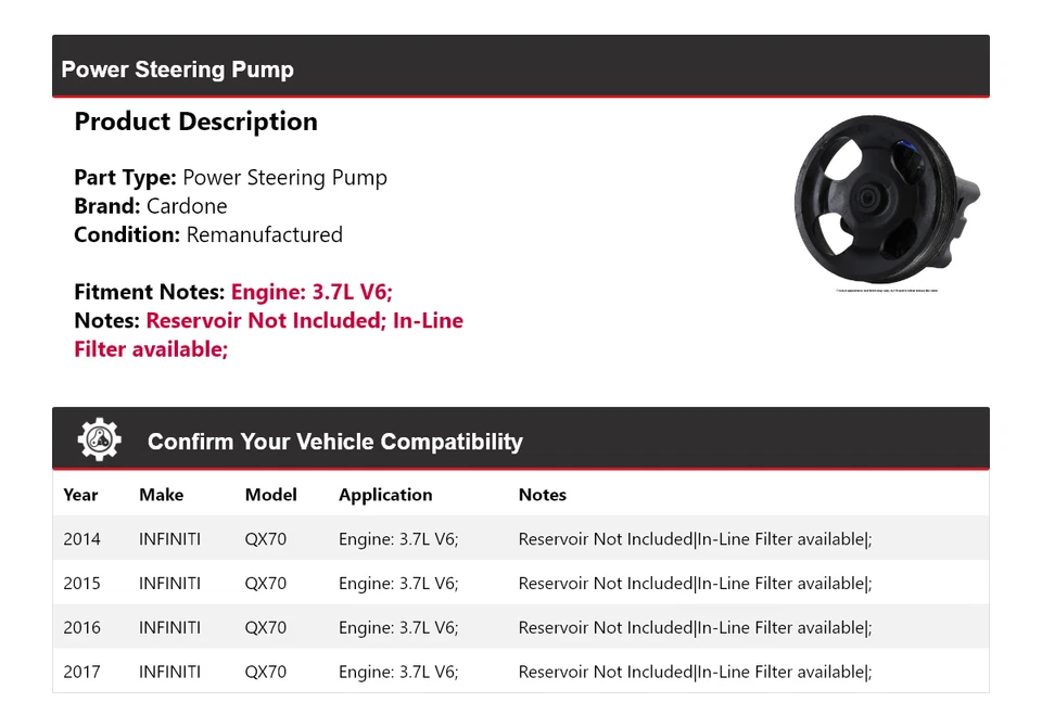 Bomba de dirección asistida Cardone 2015 2016 para Infiniti QX70 2014-2017 3,7 L V6 Foto 2 de 4