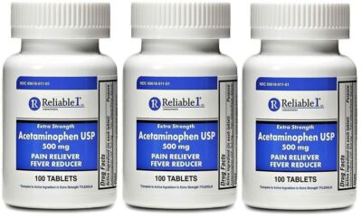Reliable 1 Extra Strength Acetaminophen USP 500 mg 100 Tablets X 3 Packs