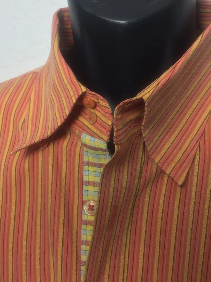 Bugatchi Uomo Shirt Flip Cuff Stripe Plaid Contrast Orange Yellow Salmon - Image 4 of 4