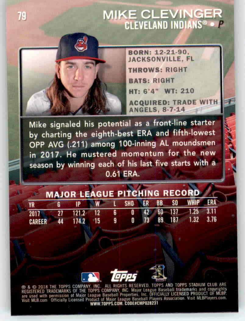 2018 Stadium Club Mike Clevinger Base Card MLB PWE Indians #79 | eBay