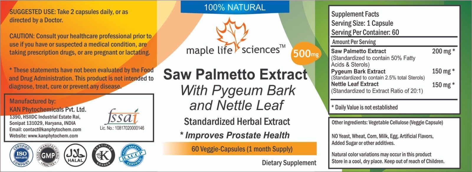 Saw Palmetto Pygeum Bark Nettle Leaf Capsules For Hair Loss Prostate